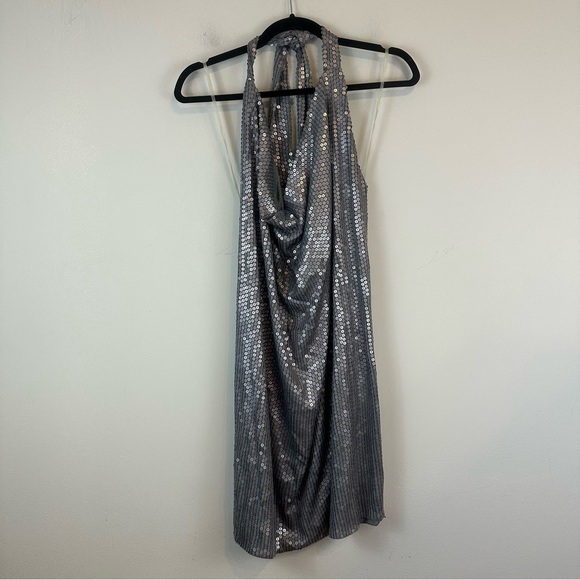 BCBG Maxazria | Silver Sequin Halter Neck Low Back Mini Dress Size Medium NWT - Picture 1 of 5